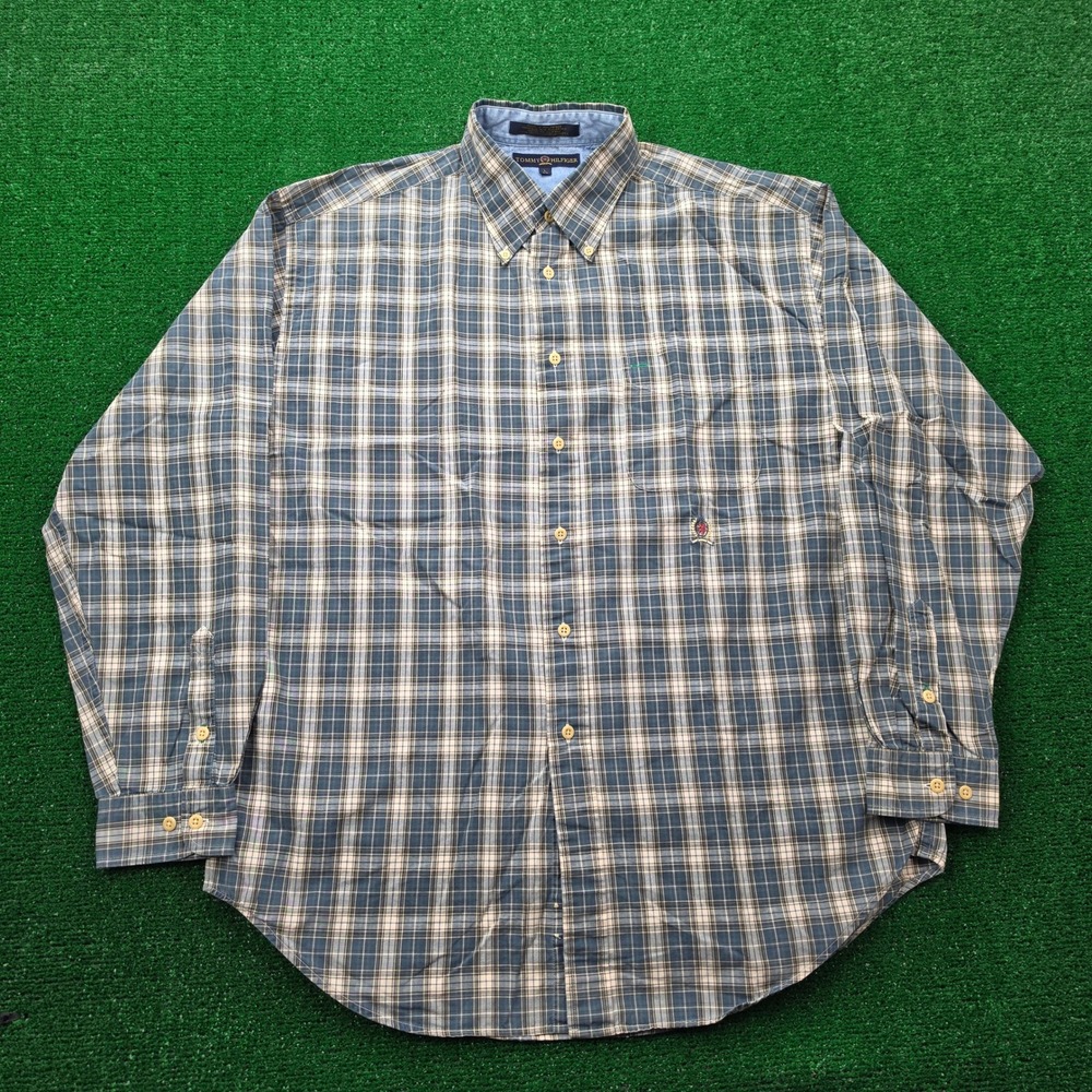 Vintage Tommy Hilfiger Plaid Button Down Long Sleeve Shirt Mens Large Cotton